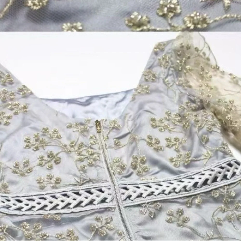 NWOT Self-Portrait Short Sleeve Chiffon Midi Dress gold Light Blue - Picture 5 of 11